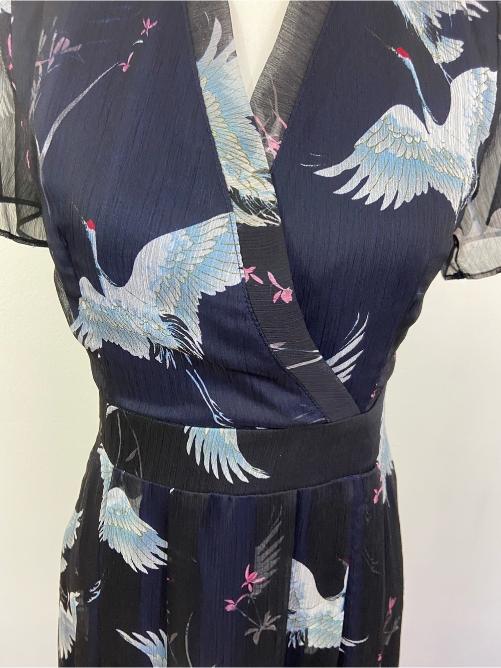 Metisu Japanese Crane Silk Dress Blue Fit & Flare Surplus Sz L Feminine Unique - Picture 3 of 12